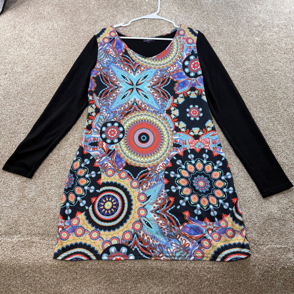 Coline Womens Large Black Boho Purple Mandala Long Sleeve Tunic Knit Dress Art